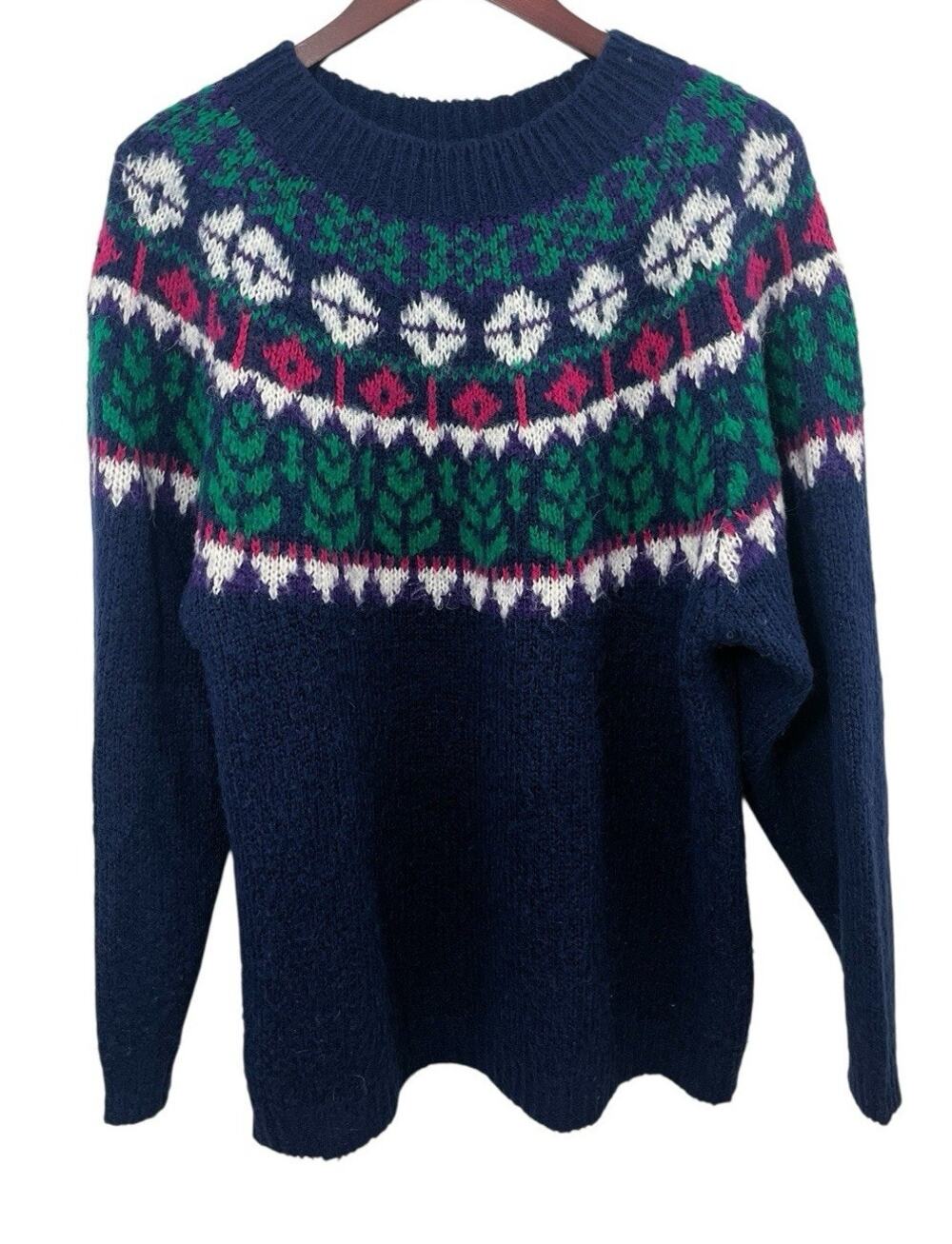 Vtg Venezia Sweater Womens 14 16 Blue Pink Fair Isle Acrylic Knit Pullover 90s